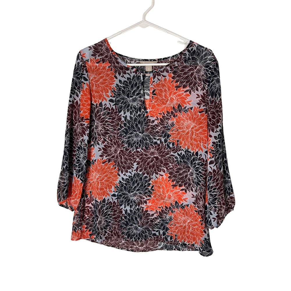 Banana Republic Womens Orange Black Dahlia Floral Split Neck 3/4 Sleeve Blouse M